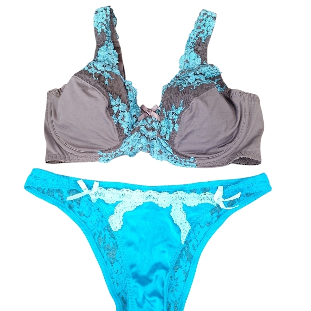 Gray and Blue Lace Trim Bra Set